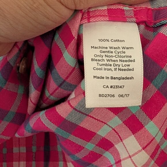 Talbots 100% Cotton Button Up Soft Plaid Shirt Women's L Hot Pink Navy White - Picture 3 of 6